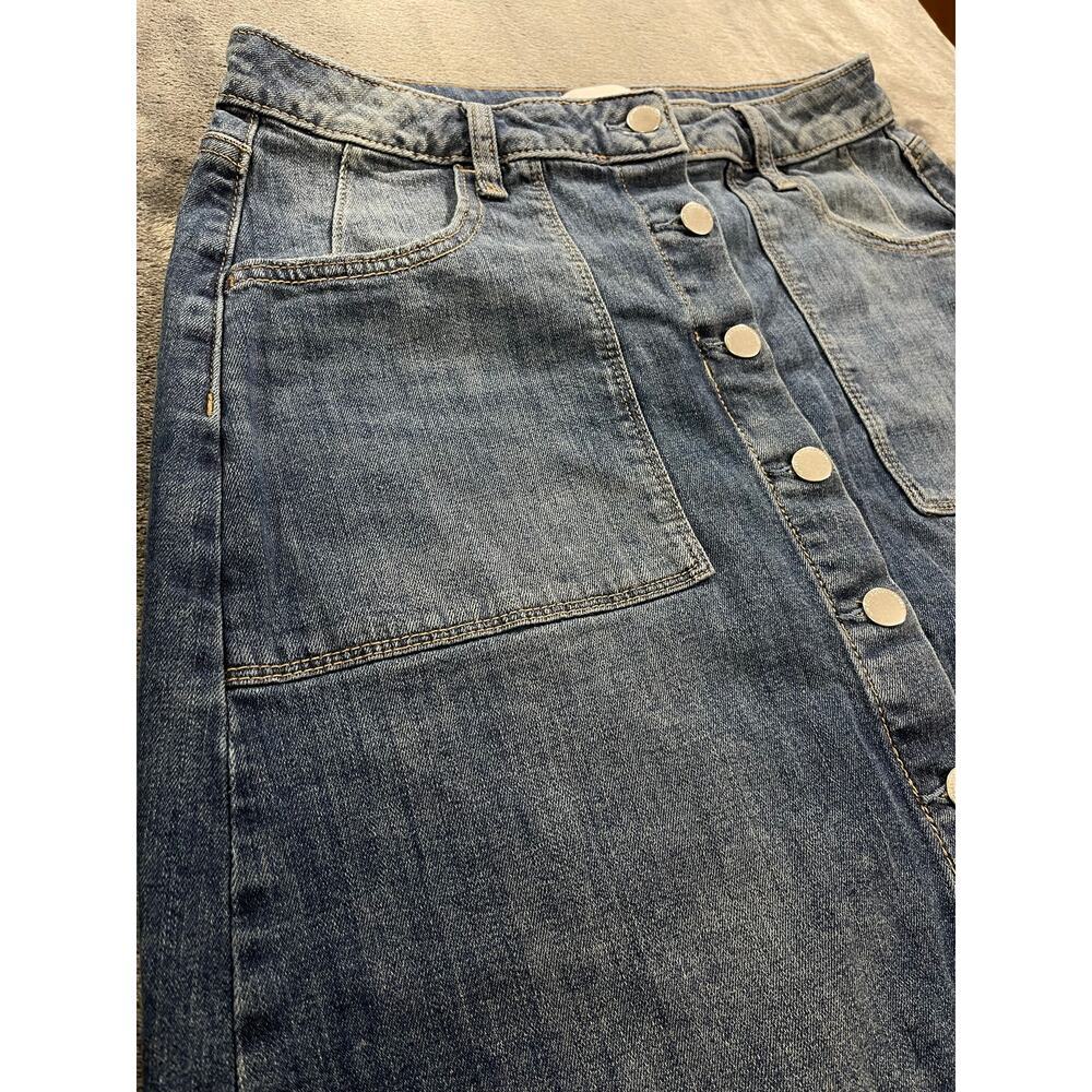 Women’s Size 10 Denim Midi Skirt Medium Wash Utility Button Front A-Line - Picture 2 of 8